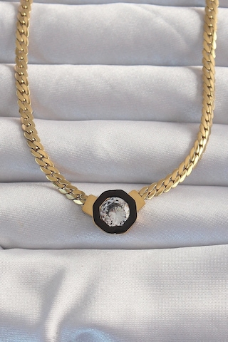 316l Çelik Gold Renk Ezme Zincir Zirkon Taşlı Mineli Serenay Kolyesi Çok Renkli
