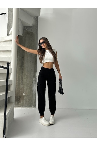 Kadın Paça Lastik Kargo Cep Keten Mom Pantolon Siyah