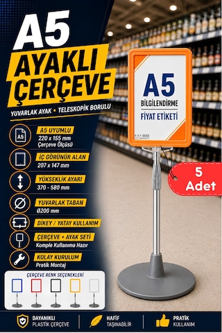 5 Adet - A5 Ayaklı Menü Ve Fiyat Bilgi Standı Yuvarlak Tabanlı Teleskopik Çerçeve Etiketlik Turuncu