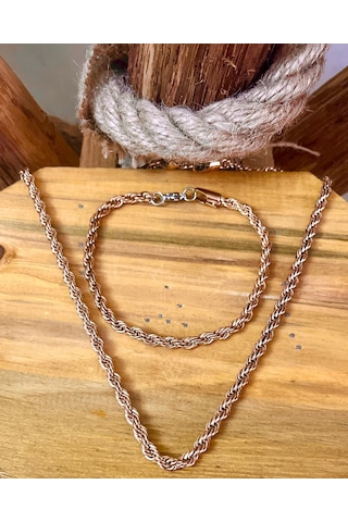 Unisex Rosegold Kalın 3mm Burgu Çelik Kolye Ve Bileklik Set Rose Gold