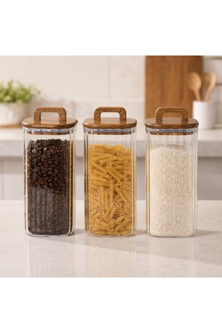 1500 Ml Kare Line Cam Kavanoz 3'lü Set, Akasya Kapaklı Şeffaf Cam Saklama Kavanozu, Ahşap Kapaklı Mutfak Düzenleyici, Bakliyat Makarna Kahve Çay Kuruyemiş Kuru Gıda Kabı Çok Renkli
