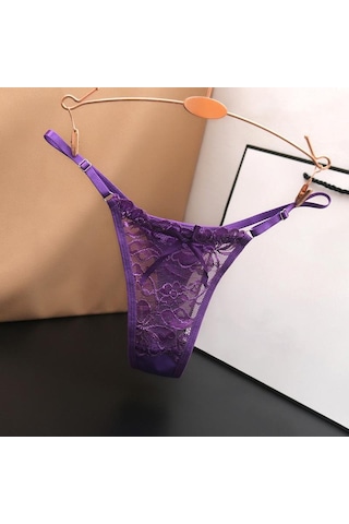 Mor Hottie Ayarlanabilir Ince Kayış Thongs Düşük Bel Şeffaf Dantel Külot G-string Külot Kadın İç Çamaşırı Mor