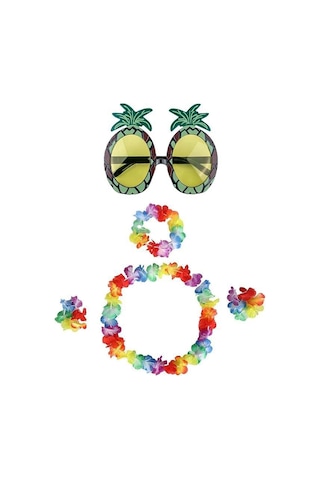 Renkli Ananas Gözlük, Taç, Kolye Ve Bileklik Seti
