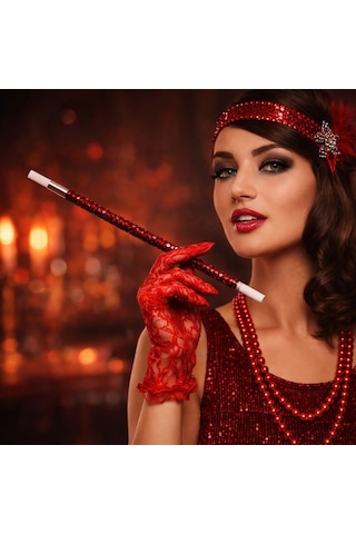 Mey İthalat 30 Cm Kırmızı Payetli Sigara Tutacağı 1920 Ler Gatsby Parti Aksesuarı