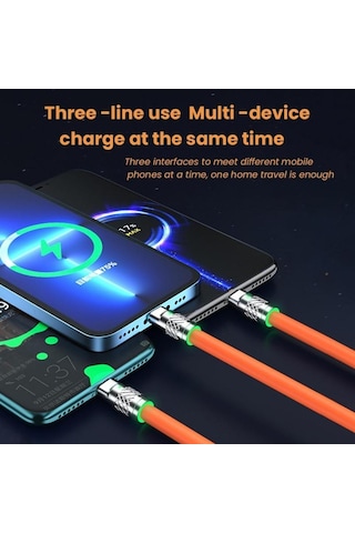 Turuncu 3in1 6a 120w Şarj Kablosu Geri Çekilebilir Usb Şarj 2.4a Hızlı Şarj Xiaomi Huawei Samsung İçin Taşınabilir Şarj Kablosu Mikro Tip-c