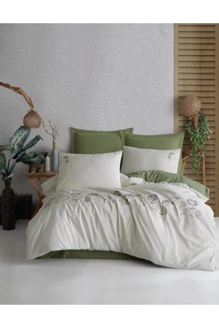 Şaheser Home Collection Botanic Nakışlı Nevresim Takımı, %100 Pamuk Çift Kişilik 6'lı Set 200x220 Nevresim-240x260 Çarşaf Yeşil
