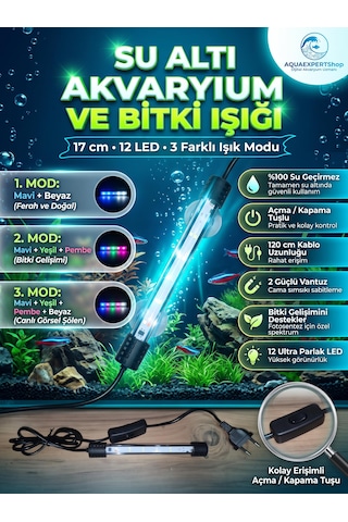 Akvaryum Işığı - Balık Işığı - Bitki Işığı - 17 Cm - 12 Led - Tamamen Su İçinde Kullanılabilir - 3 Modlu - 2w - Mükemmel Işık