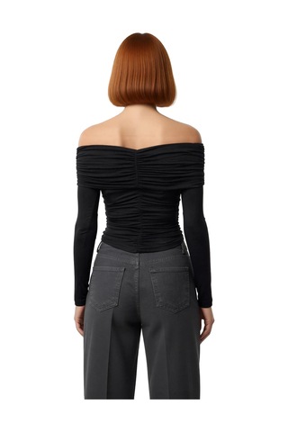 Frm Kadın Off Shoulder Büzgülü Düğmeli Uzun Kollu Crop Üst Kaliteli Ş siyah