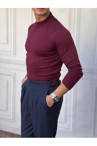 Modefendi Slimfit Kalıp Pamuklu Triko Yarım Balıkçı Triko Kazak Bordo