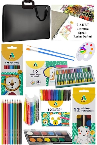 Öğrenci Boyama Seti 10 Parça 1 Paket 35x50 Resim Çantası Resim Defter Adel Sulu Boya Kuru Boya Pastel Boya Keçeli Kalem