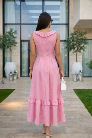 Asprinfashion V Yaka Önü Süs Düğmeli Keten Elbise Pembe