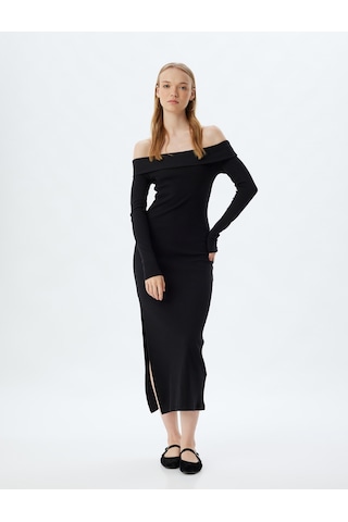 Koton Midi Elbise Fitilli Kayık Yaka Yırtmaç Detaylı Slim Fit Uzun Kollu Siyah 5wal80057ık Siyah