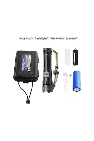 Qingmipy Xhp50 Led Alyuminyum Feneri, Usb Şarjlı, Güç Göstergeli, 500m Zoomlu, Dayanıklı Av Kamp Ev Koruma Işığı 5058+26650+usb Kablosu+kutu