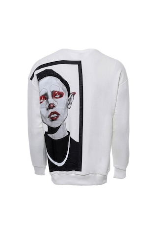 Wessi Beyaz Kadın Figürlü Bisiklet Yaka Sweatshirt Beyaz