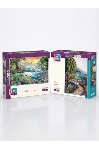 Renkli Yol Ve Hayvanlar Alemi İkili Set - 1000 + 500 Parça İkili Puzzle Seti