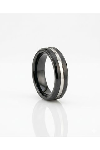 Erkek Silver Renk Çizgi Detay 6 Mm Tungsten Yüzük Silver - Siyah