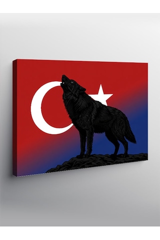 Kanvas Tablo Türk Bayrağı Ve Kurt Silüeti