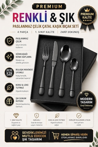 Premium Paslanmaz Çelik Çatal, Kaşık Ve Bıçak Seti Modern Siyah Renk 4 Parça