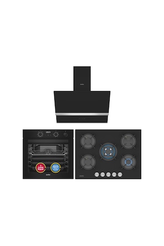 Simfer 8244 - 3750 - 8738 0+10 Fonksiyon Steam Master Siyah 3'lü Ankastre Set