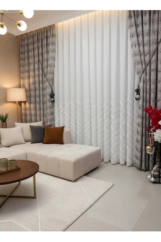 Nivemeshome Sedef 1-094p Yarı Desen Ekru 1/3 Pileli Tül Perde
