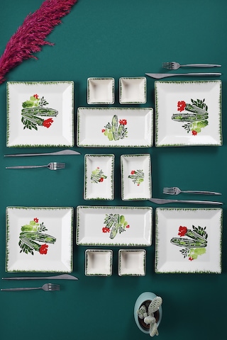 Piatti Naturali 12 Parça 4 Kişilik Kaktüs Kahvaltı Takımı Handmade Sunum Set Çok Renkli