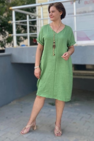 Mia Butik Büyük Beden Yeşil Kolye Hediyeli Salaş Elbise Yeşil