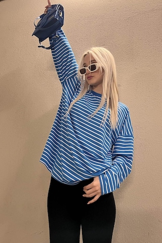 Madmext Mavi Çizgili Sweatshirt Mg980 Mavi