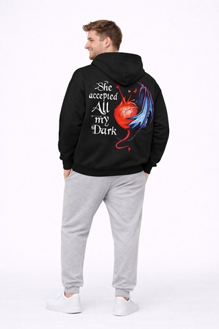 Sevgili Kombini Melek Şeytan Kalp Baskılı Oversize Hoodie Seti Ka Siyah
