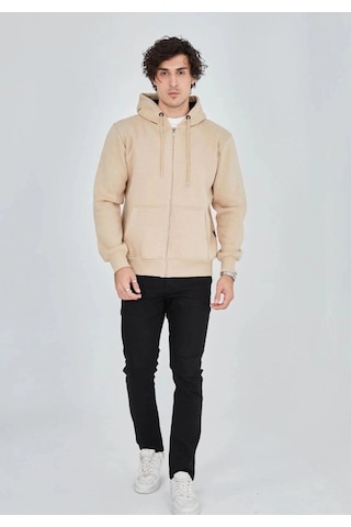 Freedom Store Erkek 3 İplik Pamuklu Kapüşonlu Tam Fermuarlı Cepli Hoodie Sweatshirt - Bej
