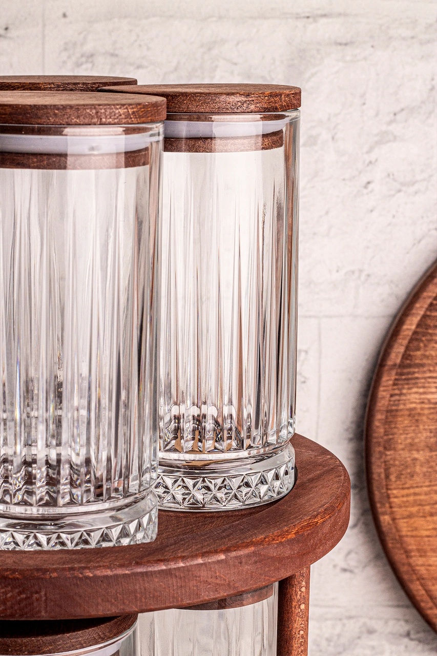 Tomira - 9 Parça Ahşap Döner Standlı Vakumlu Kapaklı Cam Saklama Kabı Baharatlık Seti 450 Ml Ahşap