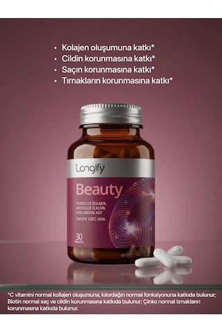 Longify Beauty Hidrolize Kolajen Tip 1 Ve Tip 3, Hidrolize Elastin, Hyaluronik Asit, Biotin, Vitamin C, Çinko, Bakır Takviye Edici Gıda 30 Tablet