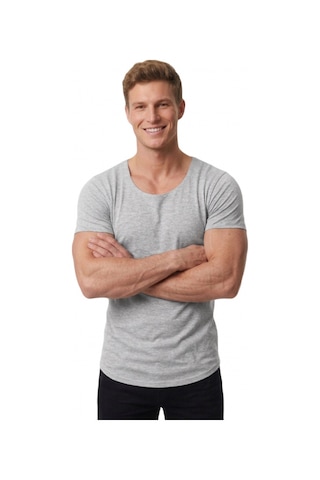 Deepsea Erkek Gri Geniş Yaka Likralı Tişört Oval Yaka Slim Fit Eteği Oval Açık Yaka T-shirt 1801199 Gri
