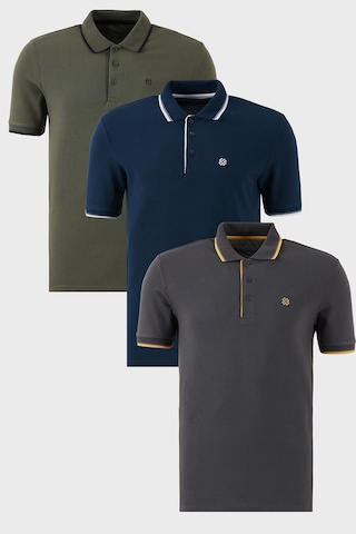 Buratti Pamuklu Slim Fit Şerit Detaylı Düğmeli Polo Yaka 3'Lü Paket Erkek T Shirt 5902118S3 Antrasit-Haki-Indigo
