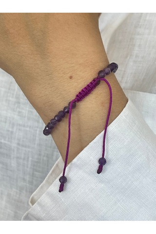 14 Ayar Altın Dorika Detaylı Doğal Amatis Taşlı Unisex Altın Bileklik Altın