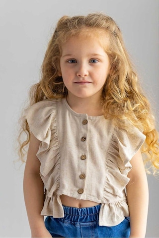 Oliventhekid Bej Naturel Keten Önden Düğmeli Kolları Ve Beli Fırfırlı Kız Çocuk Bluz Bej Bej