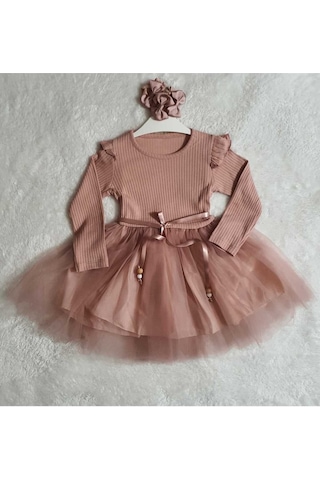 Kız Çocuk Gül Kurusu Tül Pamuklu Uzun Kol Özel Gün Doğum Günü Abiye Hediye Günlük Prenses Elbise Pembe