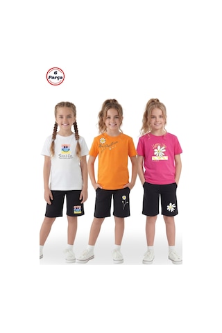 Panios Kids 3 Lü Yuvarlak Yaka Kaprili Baskı Detaylı Yazlık Kız Çocuk 6 Parça Alt Üst Takım Beyaz - Turuncu - Fuşya