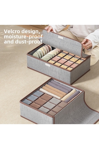 Bej Pamuk Ve Keten Kumaş 17 Izgaralı İç Çamaşırı Saklama Kutusu, Kapaklı Çekmece Tarzı Bölücüler Bej