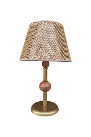 Çift Ahşaplı Abajur Eskitme Rattan Kahverengi Şapkalı Kahverengi