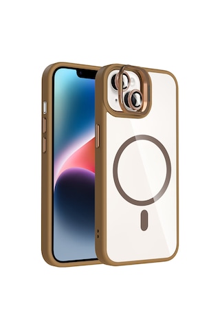 iPhone Uyumlu 14 Kılıf Standlı + Kamera Lens Koruma Setli M-safe Şarj Özellikli Mkst Etro Kapak Desert Titanyum Desert Titanyum