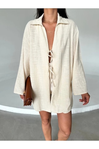 Taş Rengi %100 Keten Bağcık Detaylı Kimono Bluz Taş