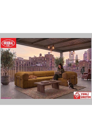 Herev Max 300x200 Kk Köşe Koltuk Takımı / Fitilli Kadife Kumaşlı Şark Köşe Hardal