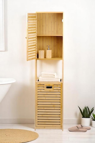 Digithome Bambu Kirli Sepetli 1 Raflı Kapaklı Banyo Dolabı Banyo Düzenleyici Çamaşır Sepeti Organizer Db-0010 Kahverengi