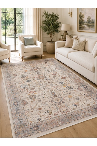 Eko Halı Pietra Pta 01 Cream Grey Sıcak Renk Tonlarını Etnik Desenlerle Buluşturan Yumuşak Tuşeli Salon Halısı Oturma Odası Halısı Mutfak Halısı Modern Makine Halısı Gri