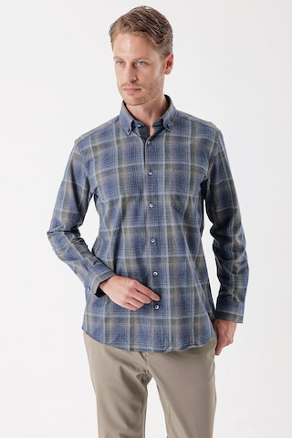 Koyu Lacivert Uzun Kollu Ekoseli Düğmeli Yaka Cepli Garnili Pamuklu Klasik Comfort Fit Gömlek 1004235143-koyu Lacivert Koyu Lacivert