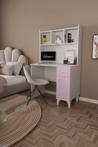 Df09106 Çekmeceli Kapaklı Kitaplıklı Çalışma Masası Bilgisayar Masası Pembe