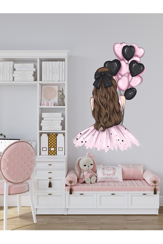 Çocuk Odası Pembe Elbiseli, Pembe Siyah Balonlu Kız Cam, Duvar Sticker