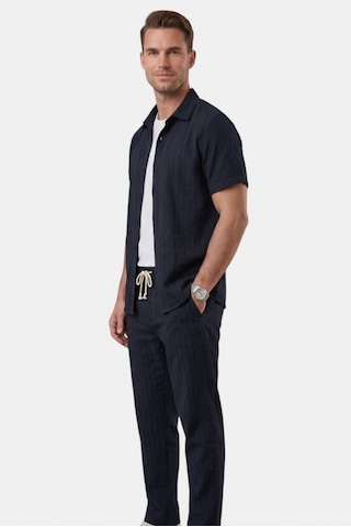 Deep Sea Deepsea Lacivert Slim Fit Çizgi Dokulu Keten Görünümlü Kısa Kol Erkek Spor Gömlek 2602648