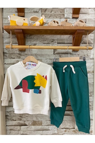 Aysbebe Erkek Çocuk Kışlık Eşofman Takım, Dinazor Desenli Krem