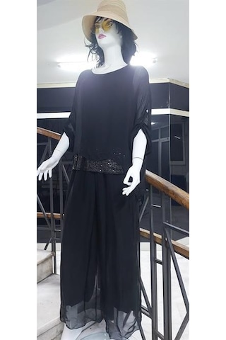 Eren Style İtalyan Payetli İpek Bluz Pantolon Takım-9608 Siyah
